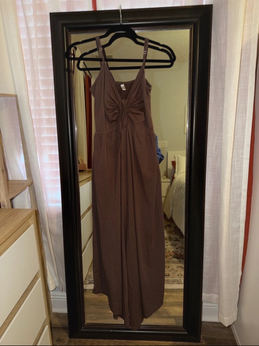 Spaghetti-Strap Brown Wide-Leg Jumpsuit with Front Tie - Picture 5 of 7